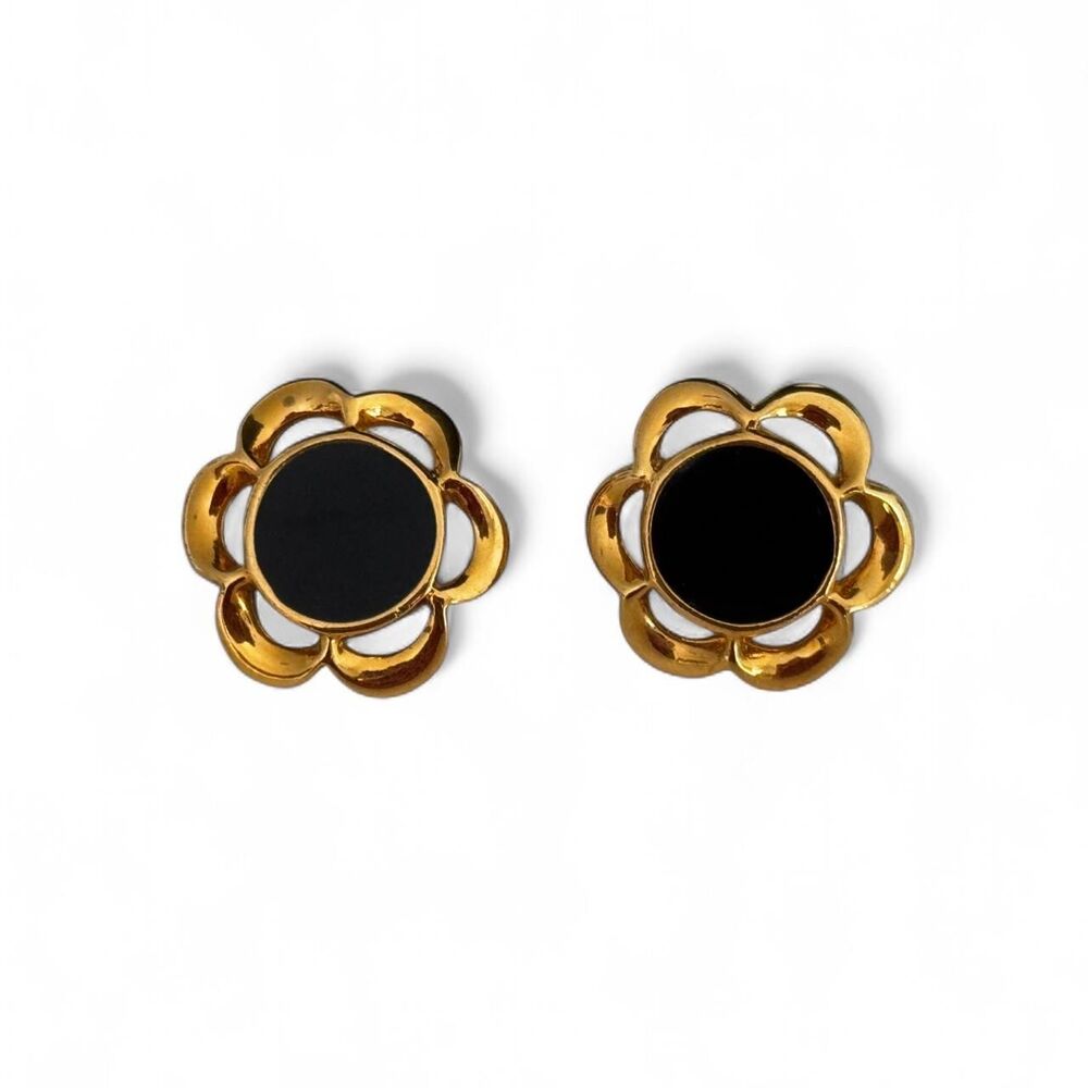 Vintage Black and Gold Tone Pierced Earrings.